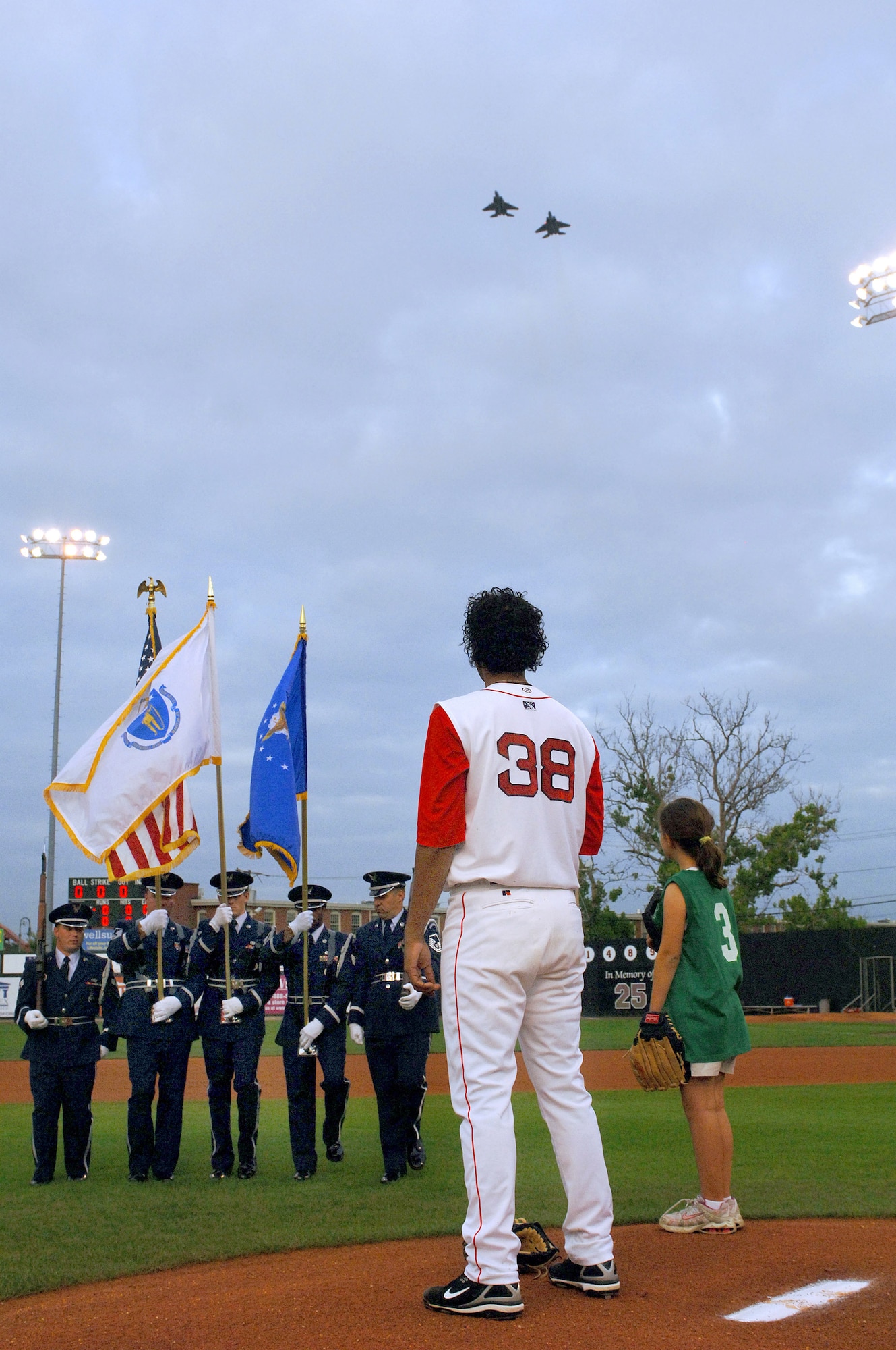 As part of Air Force Week New England festivities, two F-15 Eagles from the Massachusetts Air National Guard perform a fly-over Aug. 23 during the national anthem at a minor league baseball game in Lowell, Mass. (U.S. Air Force photo/Staff Sgt. Bennie J. Davis III)

