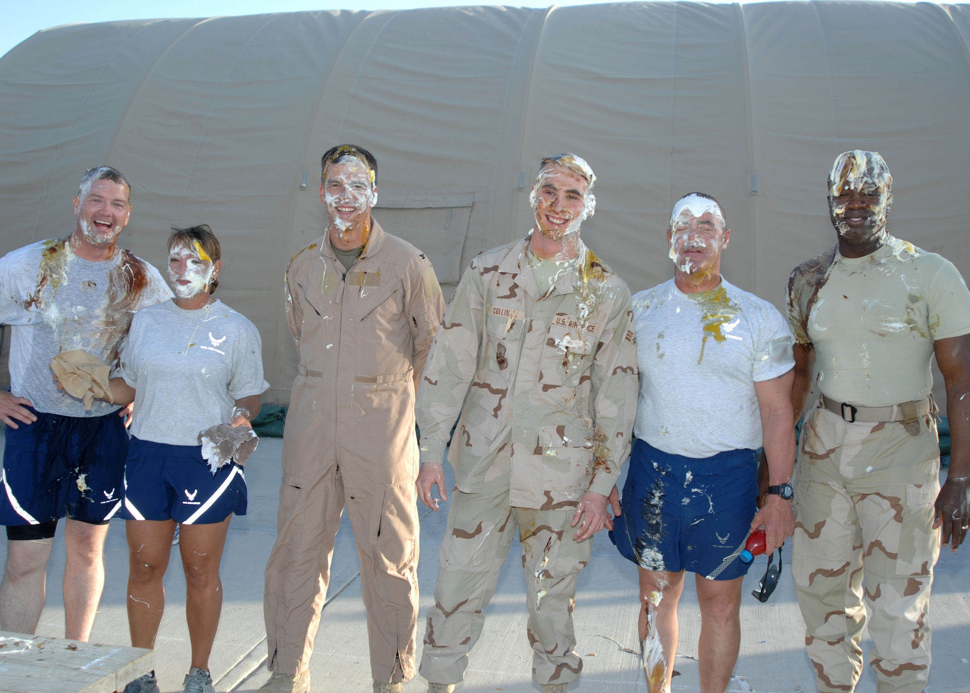 (From left to right) Master Sgt. Keith Quimby, 455th Expeditionary Logistics Readiness Squadron, Master Sgt. Theresa Sheheen, 455th Expeditionary Aeromedical Evacuation Flight, Col. Bruce McClintock, 455th Air Expeditionary Wing vice commander, Senior Airman Steven Collins, 455th Expeditionary Mission Support Group, Master Sgt. Michael Levingston, 755th Expeditionary Security Forces Squadron first sergeant, Chief Master Sgt. Ezell Buxton, 455th Expeditionary Maintenance Group. (U.S. Air Force photo by Senior Master Sgt. Kim Allain)