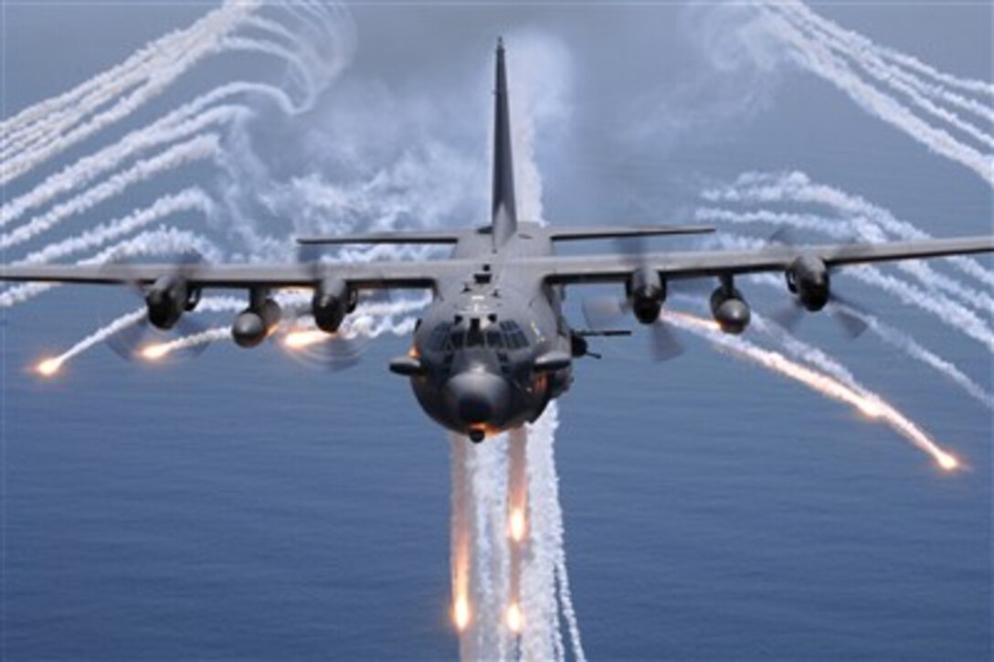 An AC-130H Gunship aircraft from the 16th Special Operations Squadron out of Hurlburt Field, Fla., released jettisons flares as an infrared countermeasure during multi-gunship formation egress training, Aug. 24, 2007.
