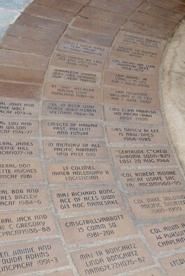 A brick on the path is the perfect way to leave one's own legacy or to memorize someone who's served in the Pacific theater with direct ties to Air Force air and space power.  Each rust-hued brick is approximately 4 1.2 x 9 inches; capital letters are etched and filled with epoxy.  