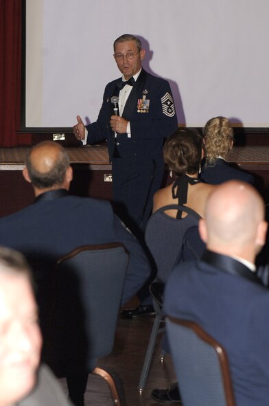 FAIRCHILD AIR FORCE BASE, Wash. – Chief Master Sgt. (ret.) Joseph Markin, former command chief master sergeant of the Strategic Air Command, speaks at the Senior NCO Induction Ceremony at Club Fairchild here Aug. 3. At the ceremony, 56 sergeants were recognized as the newest SNCOs on the base. (U.S. Air Force photo / Airman 1st Class Joshua Chapman)
