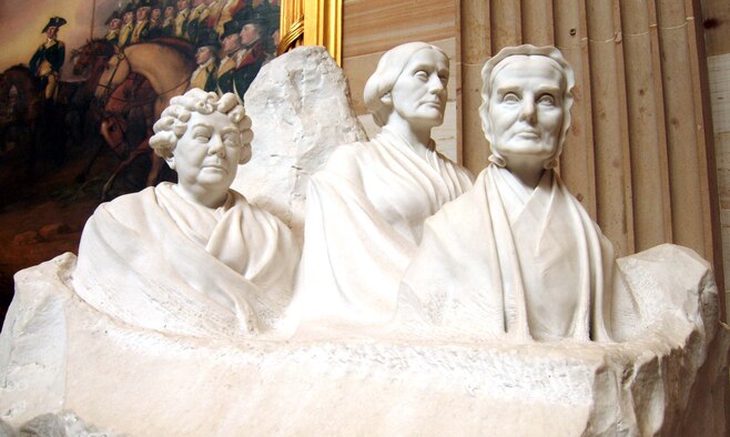 WASHINGTON -- A portrait monument of Elizabeth Cady Stanton, Susan B. Anthony and Lucretia Mott, pioneer's of the women's suffrage movement, sits in the Rotunda at the U.S. Capitol Aug. 24. Sculptor Adelaide Johnson left the piece unfinished on the grounds that until the women's suffrage movement is finished, the portrait will remain incomplete. (U.S. Air Force photo/Staff Sgt. Amaani Lyle)