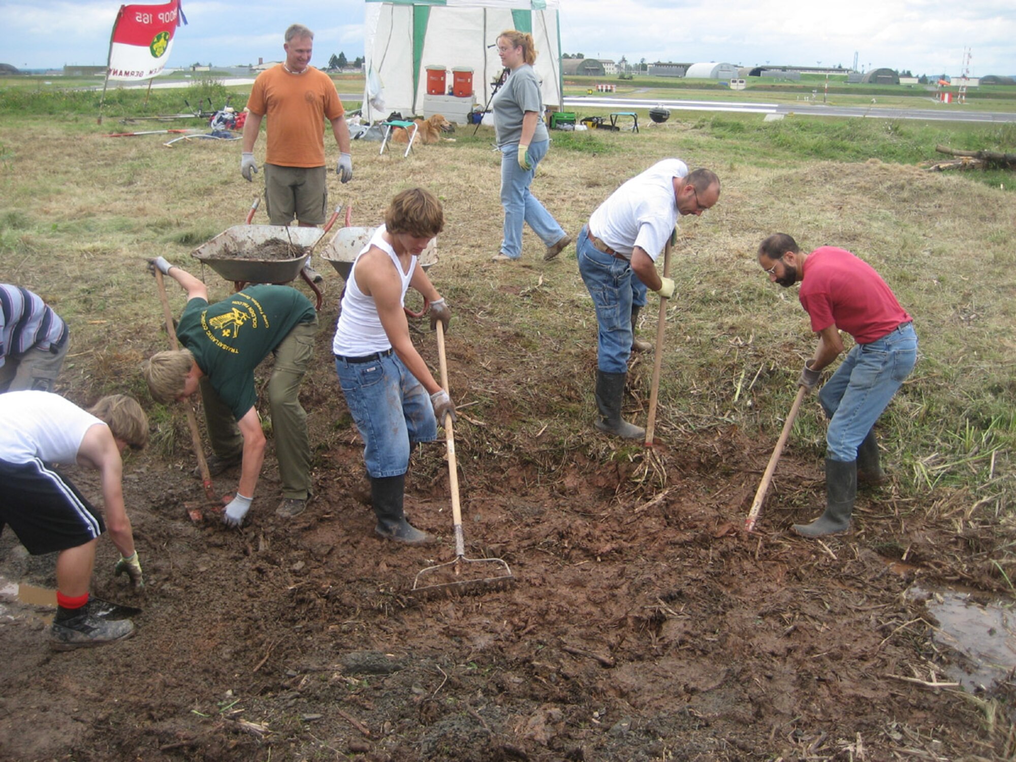 SPANGDAHLEM AIR BASE, Germany – Boy Scouts and adult leaders from Spangdahlem’s Boy Scout Troop 165 work on an environmental project at the base Aug. 19. The project reclaimed a wetland area near the flightline for frogs, salamanders and other wildlife. (U.S. Air Force photo/Staff Sgt. Andrea Knudson)