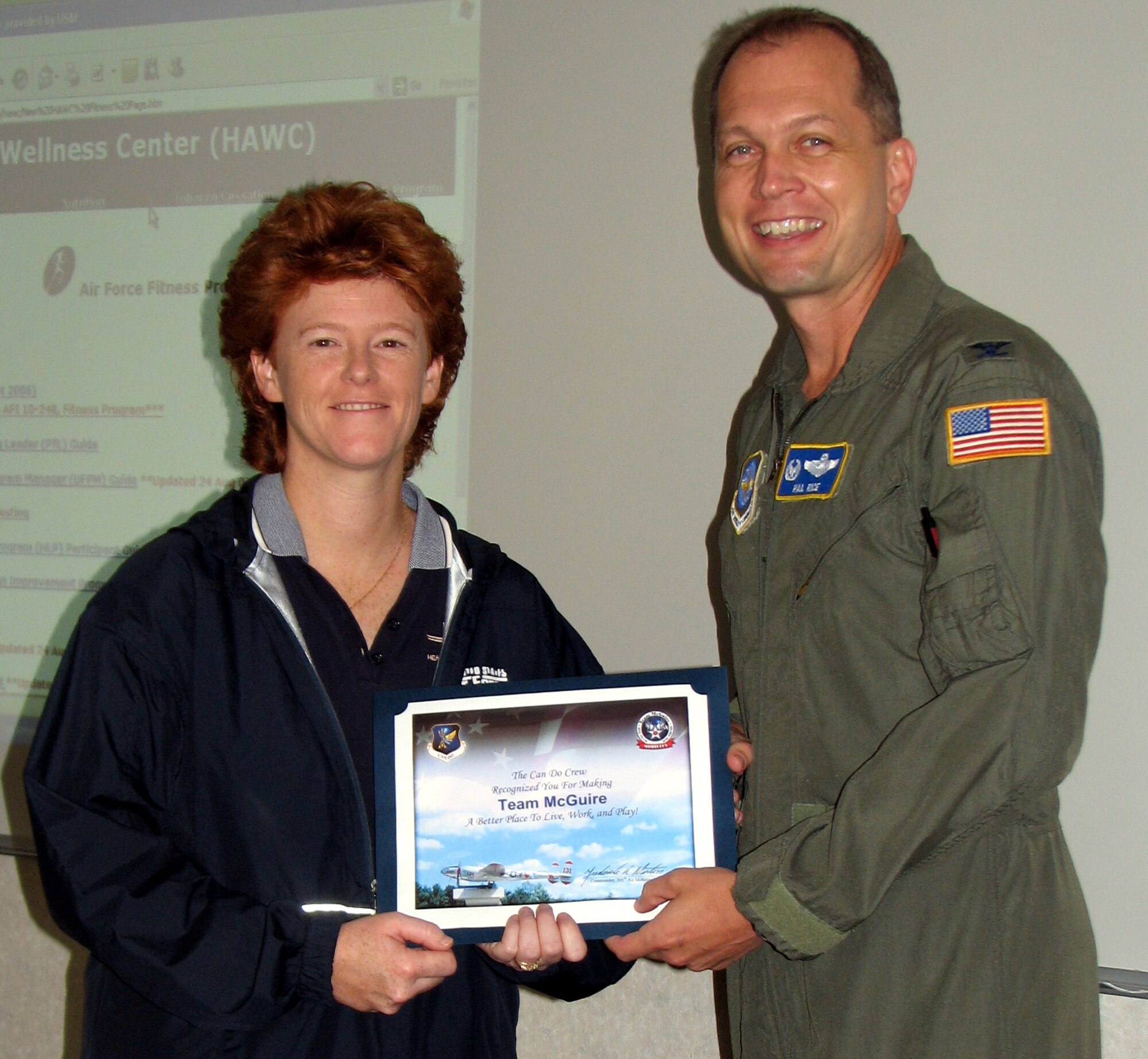 The Can Do Crew would like to recognize Rebecca Rhodes of the 305th Aerospace Medicine Squadron, McGuire Health and Wellness Center.  Ms. Rhodes is the health promotion flight chief and also an exercise physiologist.  She not only trains personnel and oversees the wing boot camp program, but is knowledgeable and passionate about fitness. Ms. Rhodes connects people to other units for testing, physical training and is able to answer any fitness question. The wing boot camp program's success can be directly attributed to her efforts and meticulous oversight of the program, from tracking attendance to creating programs that benefited all of the attendees. Master Sgt. Roe, 305th Services Squadron unit fitness program monitor and physical training leader, summed it up best by saying, "[Rebecca] is truly an asset to the wing.  Rebecca's ‘Can Do’ spirit and unwavering integrity keeps Team McGuire ‘Fit-to-Fight’. 

Be aware that the “Can Do Crew” is everywhere, looking for outstanding service.  They covertly seek members of Team McGuire who make a difference, identifying and recognizing only the best!  Remember, the strongest asset of Team McGuire is its people; you are what makes McGuire a better place to live, work and play!
