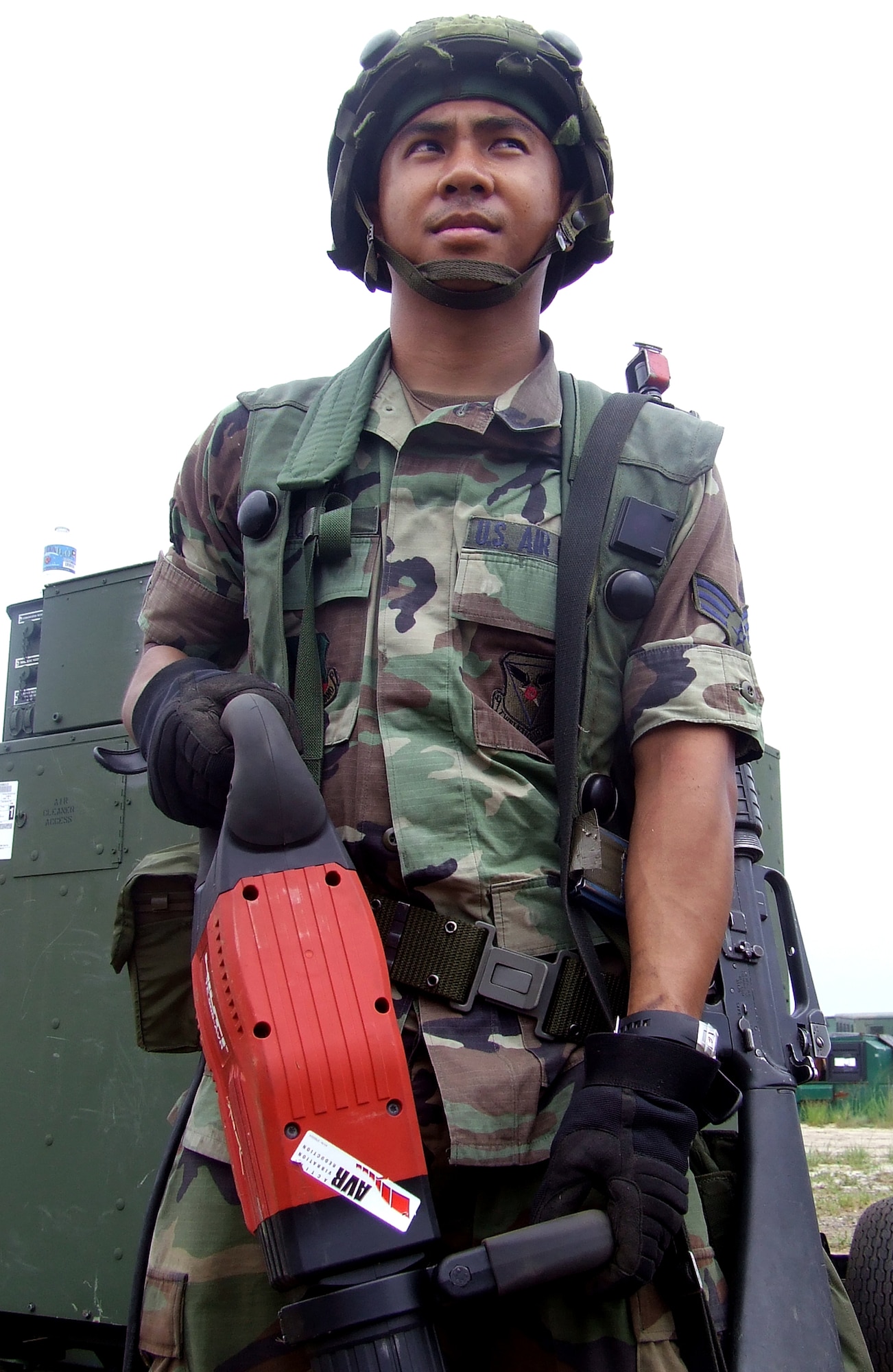 Senior Airman Julio Pequet, Davis-Monthan Air Force Base, Ariz., prepares a grounding rod drill for us e in the fictional 421st Air Expeditionary Group camp for Air Force Exercise Eagle Flag 07-6 at Naval Air Engineering Station Lakehurst, N.J., Aug. 26.  The exercise is operated by the U.S. Air Force Expeditionary Center's 421st Combat Training Squadron at Fort Dix, N.J., and tests Airmen in expeditionary combat support career fields.  (U.S. Air Force Photo/Tech. Sgt. Scott T. Sturkol)