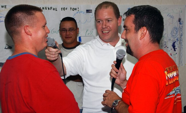 ANDERSEN AIR FORCE BASE, Guam - Steve Rooney, center, and Duffy Moon, right, interview Staff Sgt. Michael J. Vaughn, 36th Expeditionary Aircraft Maintenance Squadron, while he sends an audio greeting to his family at Cannon Air Force Base N.M. Mr. Rooney and Mr. Moon are radio personalities from Clovis, N.M., who visited the Airmen from Cannon who are deployed to Andersen AFB.  During their visit, the two DJs shared the pride the families, Cannon AFB, and the Clovis community have expressed for the expeditionary warriors who are deployed here. 