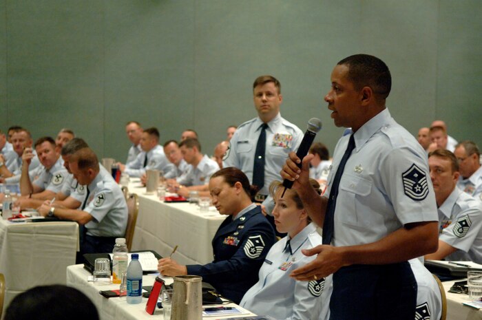 Master Sgt. Kendrick Mast, 437th Aerial Port Squadron first sergeant, asks a question during the 13th Annual First Sergeants Conference held in Orlando, Fla., Aug. 19. (U.S. Air Force photo/ Airman 1st Class Nicholas Pilch)