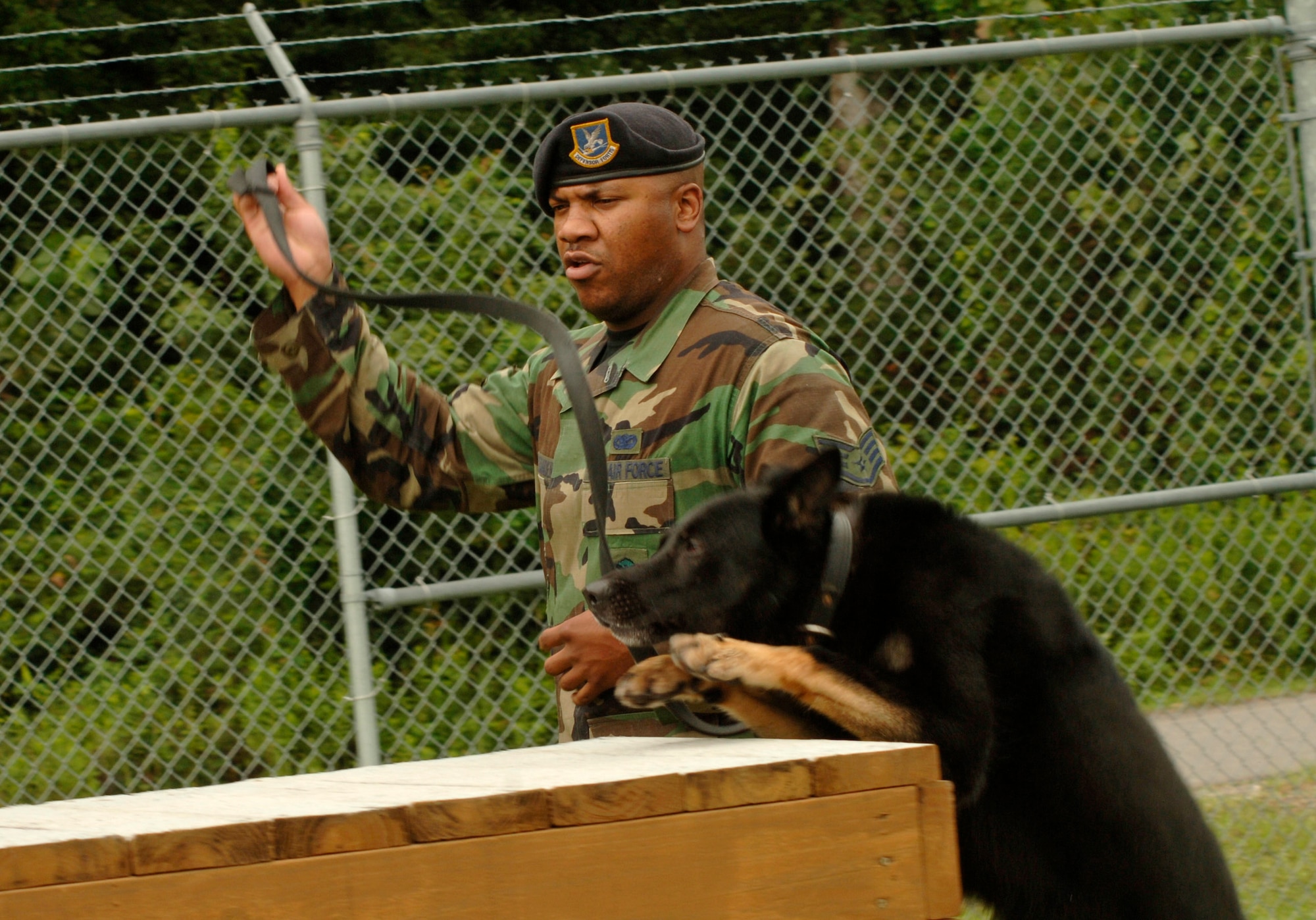 Staff Sgt. Ramon Alexander, 437th Security Forces Squadron military working dog handler, takes his dog, Waldo, through the K-9 training course on base Monday.  (U.S. Air Force photo/ Staff Sgt. April Quintanilla)
