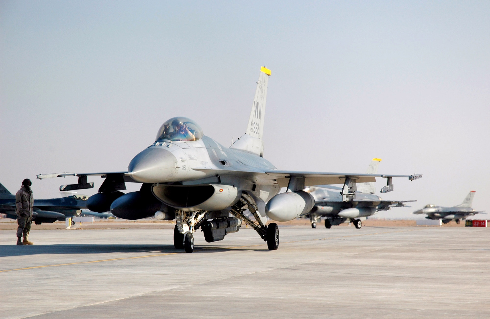 An F-16 Fighting Falcon arrives at Balad Air Base, Iraq, after a mission.  F-16s fly close air support sorties for Operation Iraqi Freedom.  F-16s and other coalition aircraft flew 50 CAS missions Aug. 28.  (U.S. Air Force photo)