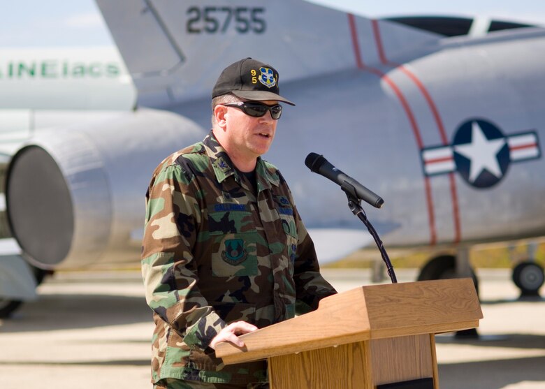 Col. Bryan Gallagher, 95th Air Base Wing commander, welcomes attendees to the new Century Circle display during its opening ceremony at the West Gate on Rosamond Boulevard on Monday. The project was headed by the Air Force Flight Test Center Museum. (Photo by Mike Cassidy)