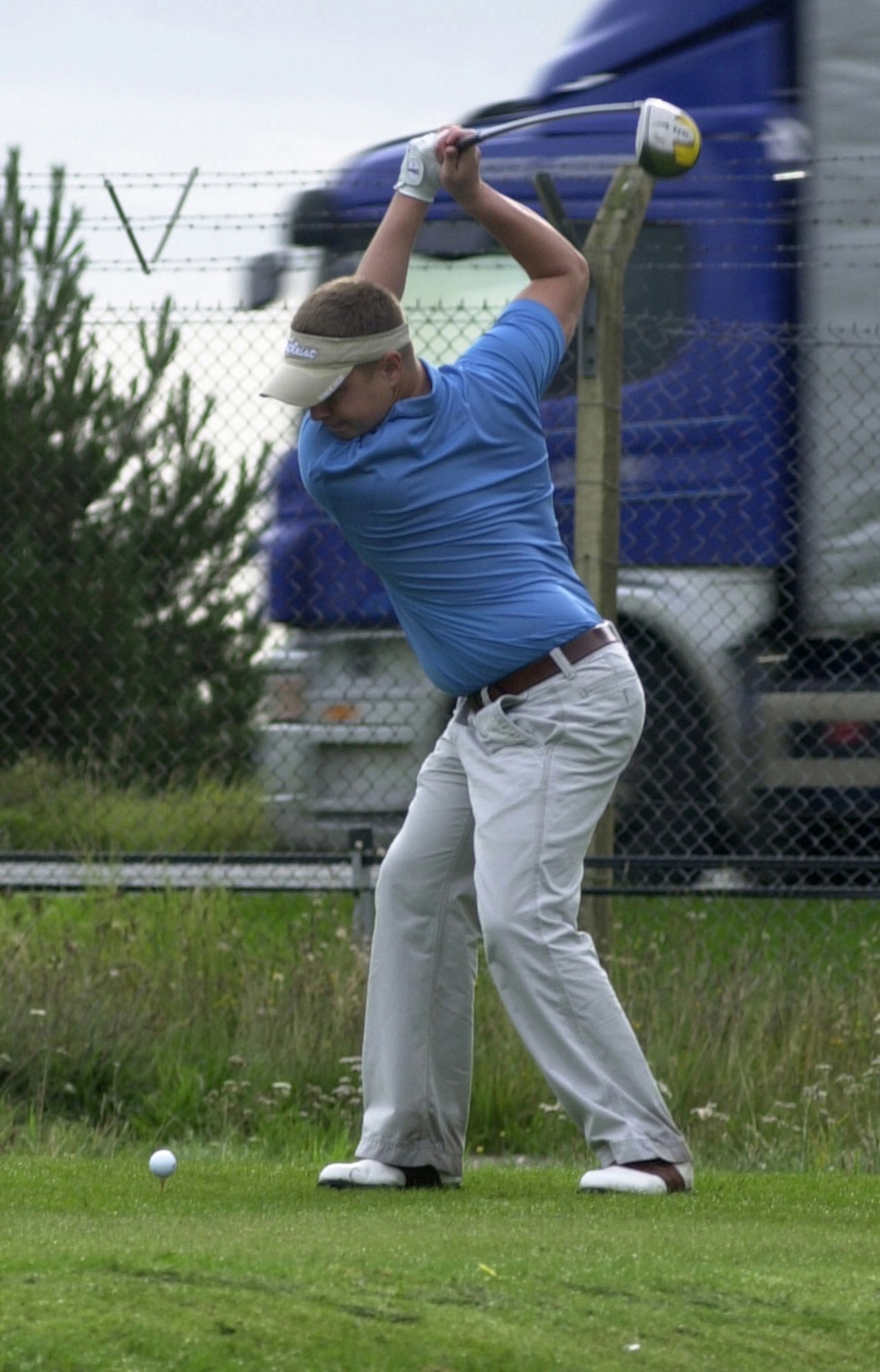 Andy Hunn, 100th Logistics Readiness Squadron, unleashes a drive on the ninth tee box during the semi-finals of intramural golf at Breckland Pines Golf Club, Aug. 28. (Air Force photo by Gary Rogers)