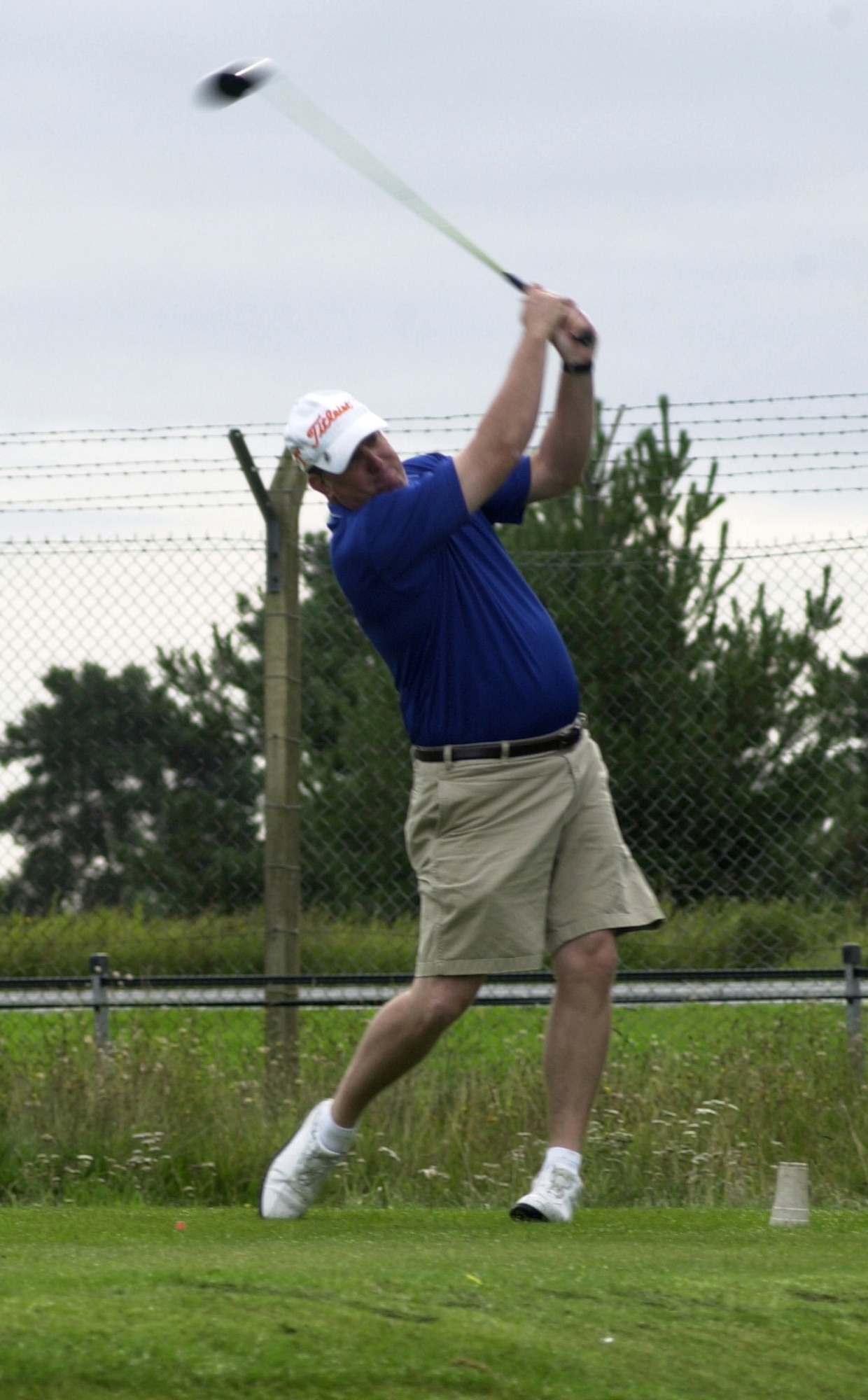 Bill Sachse, 100th Logistics Readiness Squadron, drives off the ninth tee box during the semi-finals of intramural golf at Breckland Pines Golf Club Aug. 28. (Air Force photo by Gary Rogers)