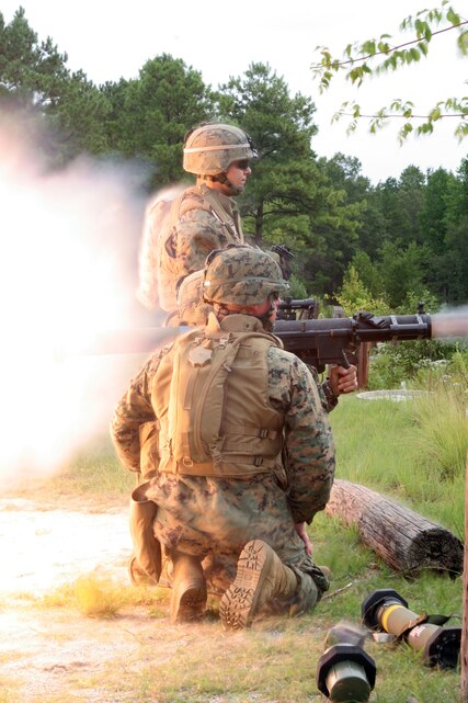Marines from Battalion Landing Team 1st Battalion / 6th Marine Regiment (BLT 1/6) Bravo Company, attached to the 24th Marine Expeditionary Unit (MEU), take aim and practice firing the Should Fired/Launched Multipurpose Assault Weapon System (SMAW) at decommissioned tanks at a range on Fort Pickett, VA during training exercises. This range and other exercises help prepare the Marines for the upcoming deployment with the 24th MEU. (US Marine Corps photo by Corporal Andrew J. Carlson)