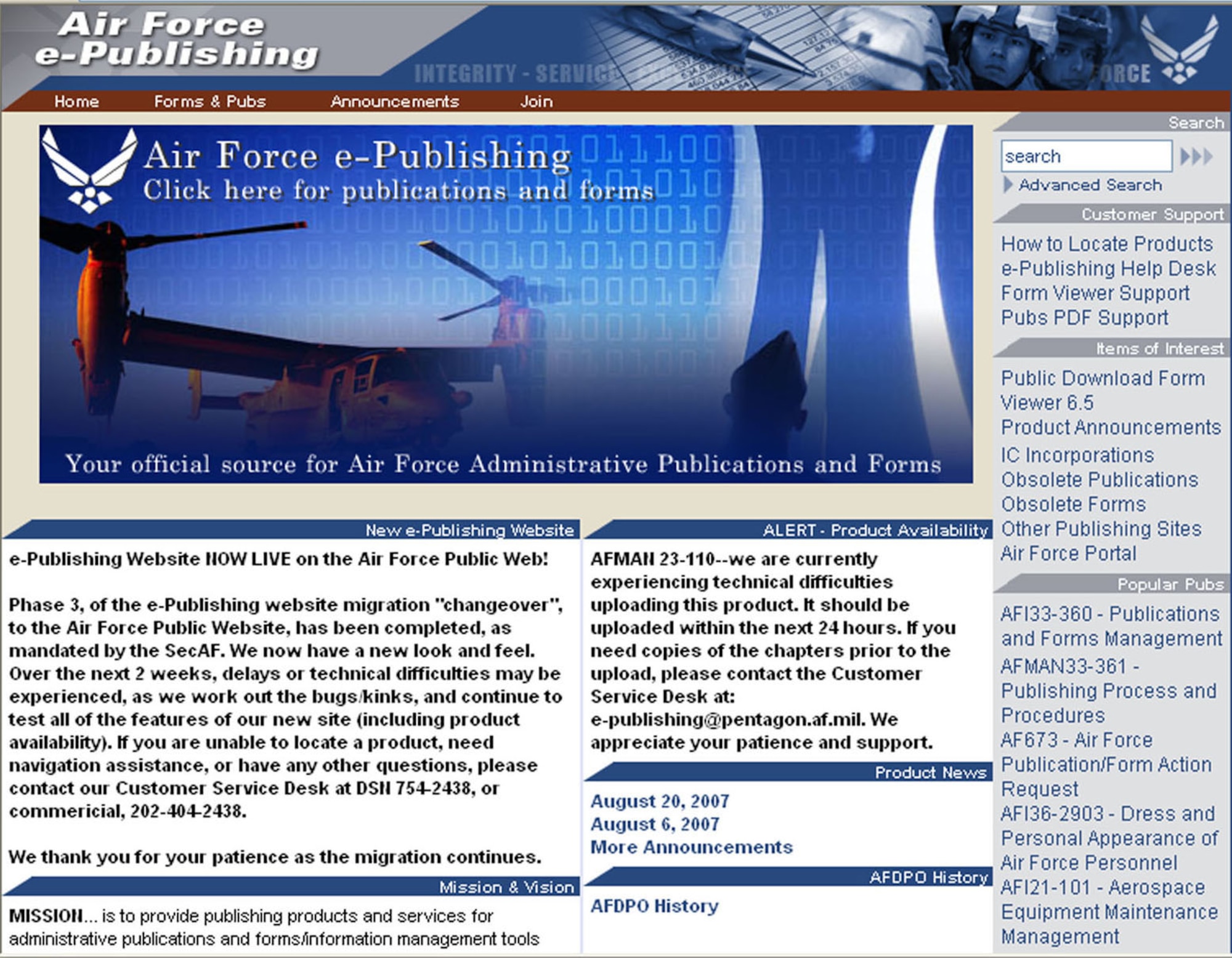 The Air Force Departmental Publishing Office, or e-Pubs, migrated under the Air Force Public Web program and is now accessible at http://www.e-publishing.af.mil. (U.S. Air Force graphic).