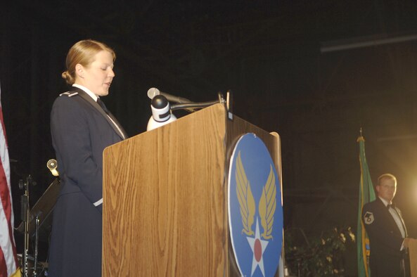 FAIRCHILD AIR FORCE BASE, Wash. – Now a captain, Jennifer Schoffstall of the 509th Weapons Squadron was an emcee for the 2006 Air Force Ball as a first lieutenant. Capt. Schoffstall is also heavily involved in the upcoming 2007 ball; as the base’s Company Grade Officer committee president, she’s overseeing the committee’s volunteers who are creating the ball program, volunteering to meet and greet guests at the event, helping set up and clean up Hangars 2 and 4 for the ball, and more. (U.S. Air Force file photo/Senior Airman Chad Watkins)