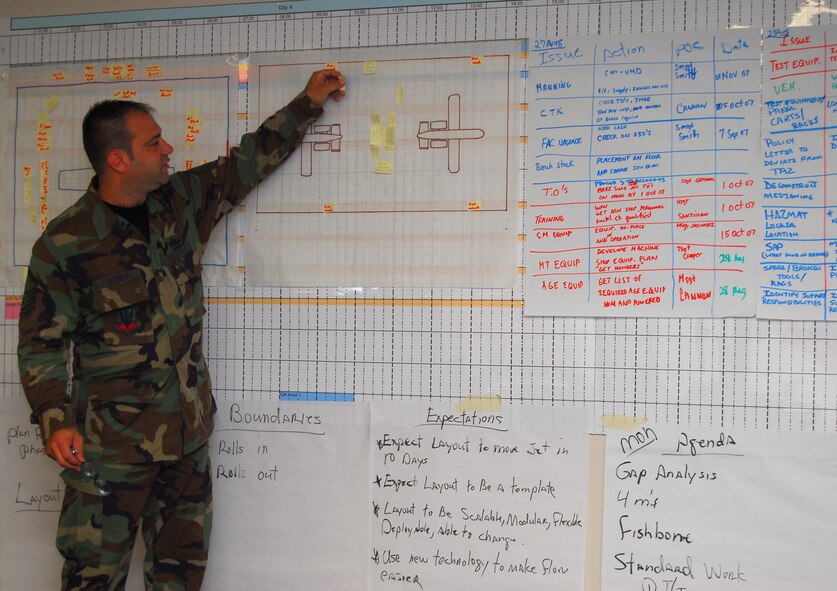Master Sgt. Steven Grimes, Air Combat Command A-10 maintenance depot liason, places a tool marker on a floor plan for the new A-10 phase dock Aug. 29.  Members of the 23rd Wing and outside consultants gathered to perform a process improvment evaluation on the phase section. (U.S. Air Force photo by Tech.Sgt. Parker Gyokeres)