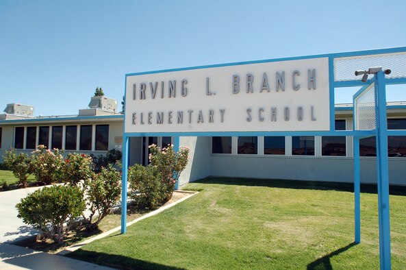 A sign welcomes visitors and students to Branch Elementary School here. Branch caters to third- to sixth-grade students. (Photo by Airman 1st Class Julius Delos Reyes)