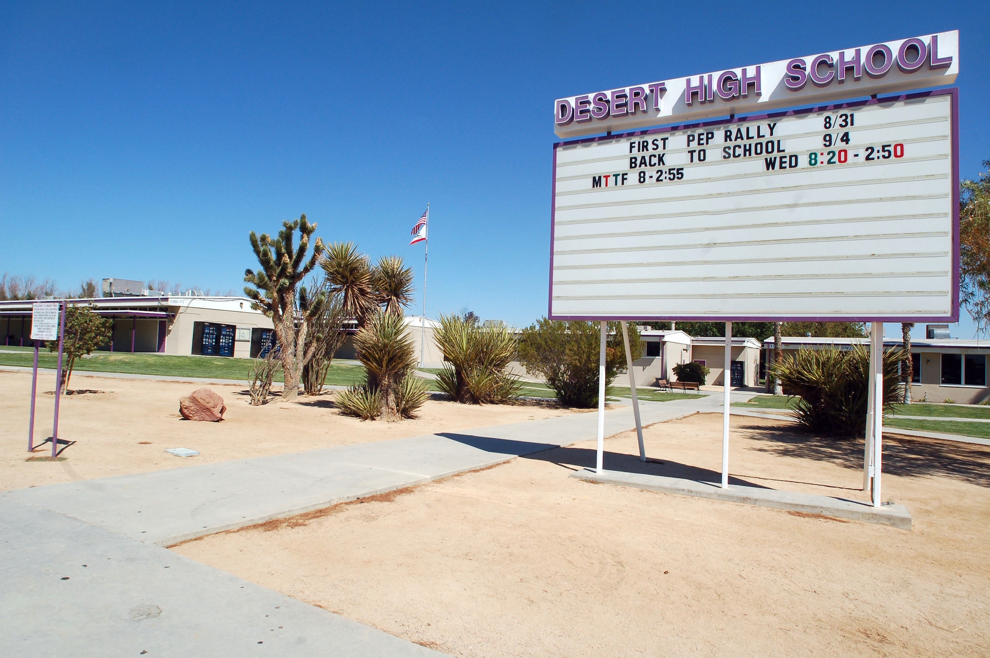 Desert High School shares a campus with Edwards Middle School here. The campus features 11 buildings. Both schools provide education to children whose parents either reside or work at Edwards Air Force Base. (Photo by Airman 1st Class Julius Delos Reyes)
