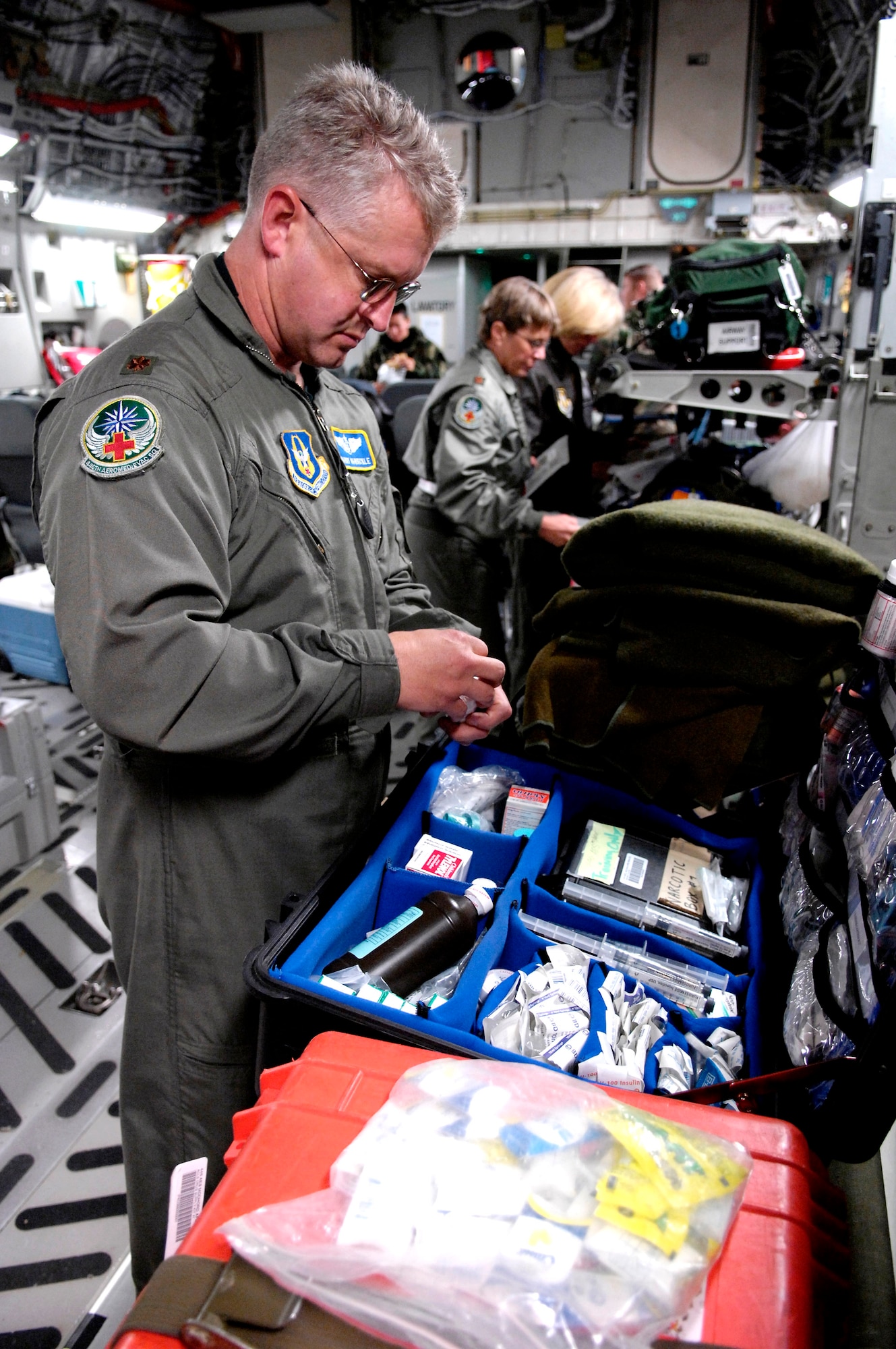 Maj. Barry Vansickle inventories medical supplies on a C-17 Globemaster III before taking off on a medical evacuation mission to Antarctic Aug. 28 from Christchurch, New Zealand. Major Vansickle is assigned to the 446th Aeromedical Evacuation Squadron from McChord Air Force Base, Wash. The medical evacuation mission was flown for a patient who required more definitive medical treatment than can be handled in Antarctica. (U.S. Air Force photo/Tech. Sgt. Shane A. Cuomo) 
