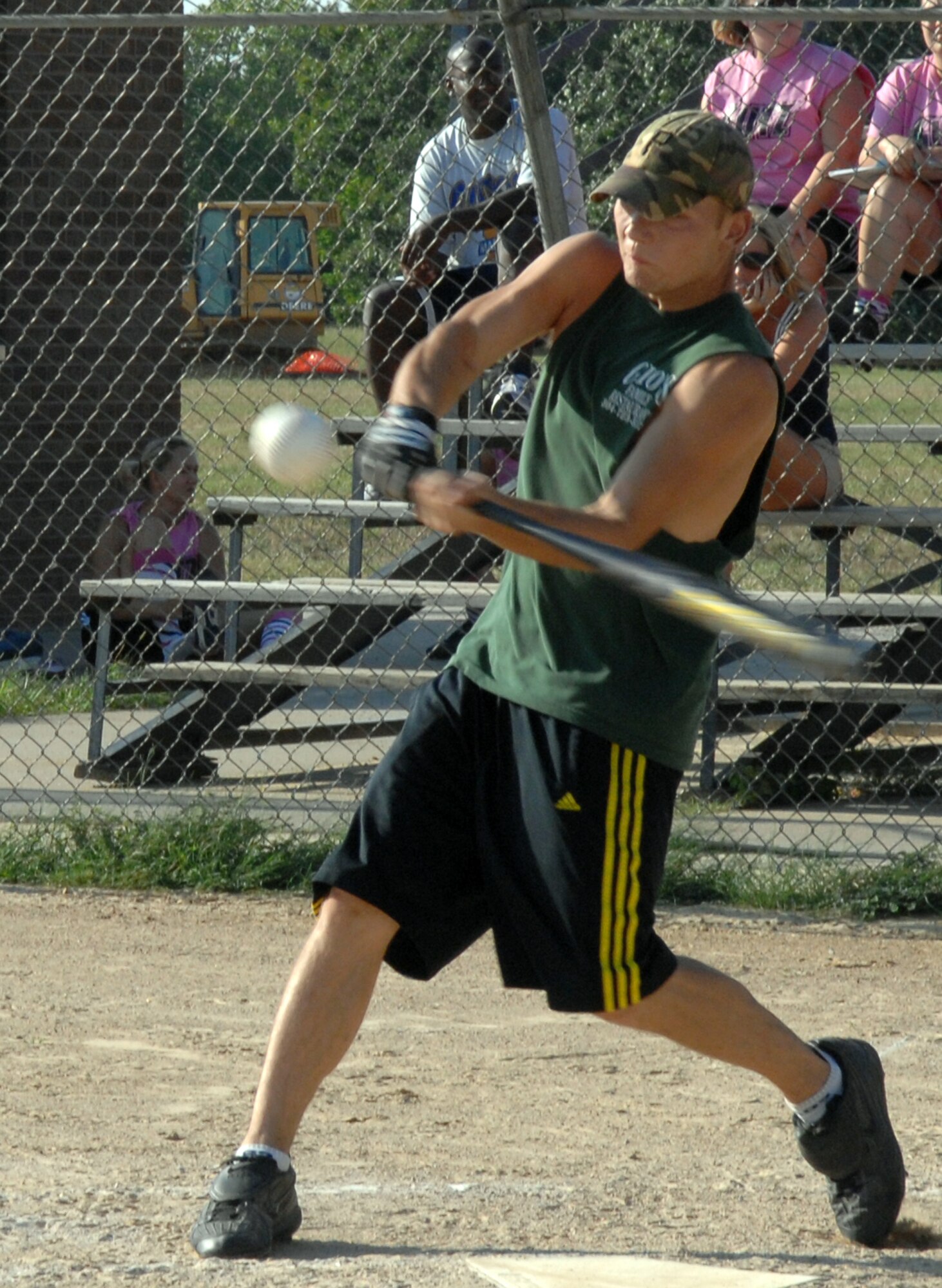 WHITEMAN AIR FORCE BASE, Mo. – Senior Airman Aaron Fritz, 509th Maintenance Squadron Vipers, swings at the ball during the 2007 men’s intramural softball finals Aug. 27. The Vipers beat the Dawgs 10-6. (U.S. Air Force photo/Airman 1st Class Stephen Linch)