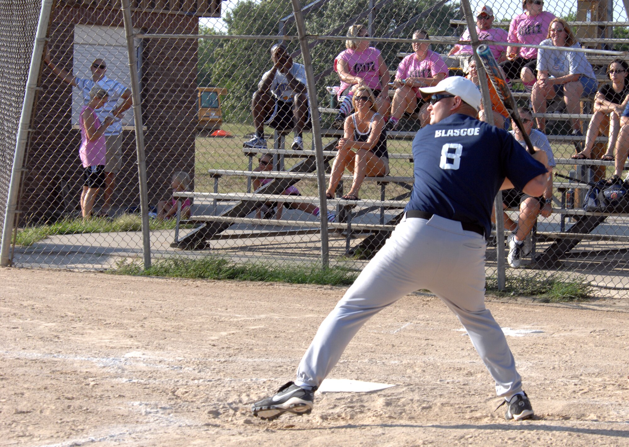 WHITEMAN AIR FORCE BASE, Mo. – Staff Sgt. Phillip Blascoe, 509th Security Forces Squadron, Delta Flight “Delta Dawgs” prepares to swing during the 2007 men’s intramural softball finals. The Dawgs lost to the Vipers 10-6. (U.S. Air Force photo/Airman 1st Class Stephen Linch)
