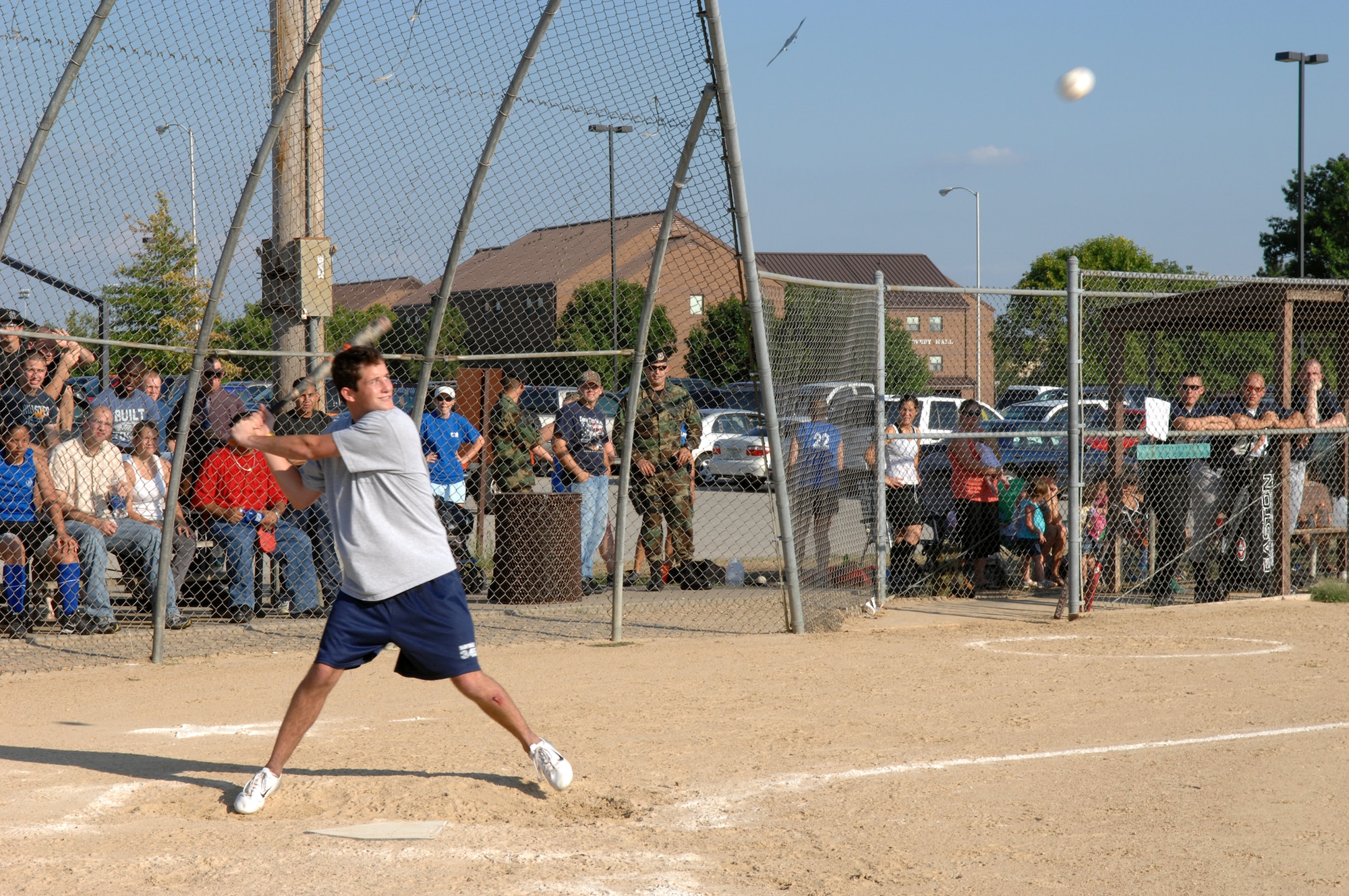 WHITEMAN AIR FORCE BASE, Mo. – Airman Aaron Seitz, 509th Maintenance Squadron Vipers, watches the ball as he prepares to swing at the 2007 men’s intramural softball finals. The Vipers beat the Dawgs 10-6. (U.S. Air Force photo/Airman 1st Class Stephen Linch)