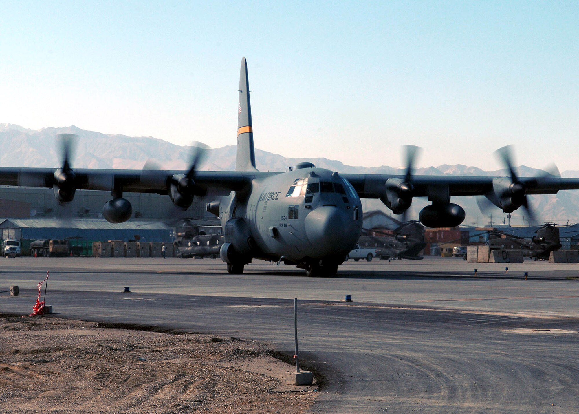 A C-130 Hercules taxis before a flight from Bagram Airfield, Afghanistan. The C-130 mission at Bagram ranges from personnel transport, cargo and humanitarian airlift and aeromedical evacuation. C-130s as well as other Coalition aircraft flew 125 airlift sorties moving 3,300 passengers Aug. 30. The C-130 is  from the Wyoming Air National Guard.  (U.S. Air Force photo/Staff Sgt. Craig Seals)