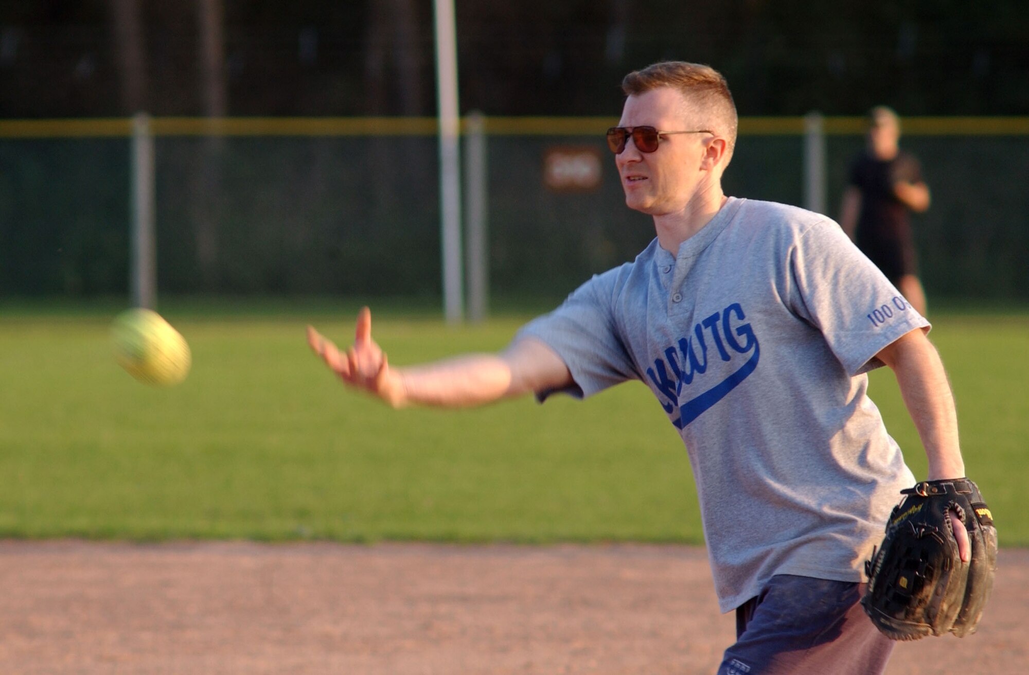Chris Smith, from the 100th Operations Group, throws a pitch during the 2007 RAF Mildenhall softball championship game which pitted 100th OG against the 352nd Maintenance Squadron B team, Aug. 29, 2007, at RAF Lakenheath. (U.S Air Force photo by Airman Brad Smith)              