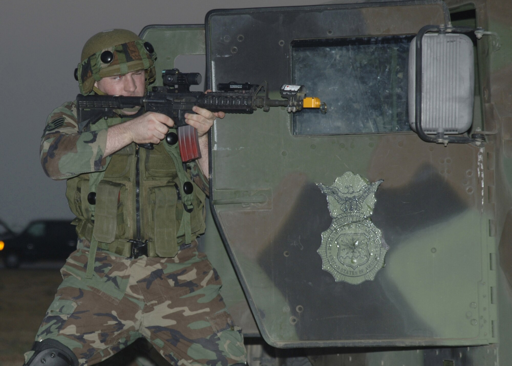 Staff Sgt. Clayton Greene 39th Security Forces Squadron, takes aim during a force on force recapture exercise Aug. 21. (U.S. Air Force photo by Senior Airman Tiffany Colburn)(RELEASED)