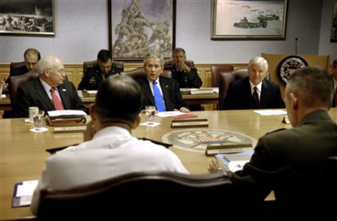 Left to right, Vice President Dick Cheney, President George W. Bush and Secretary of Defense Robert M. Gates meet with Chairman of the Joint Chiefs of Staff U.S. Marine Gen. Peter Pace, right, and the Joint Chiefs at the Pentagon, Aug. 31, 2007. 