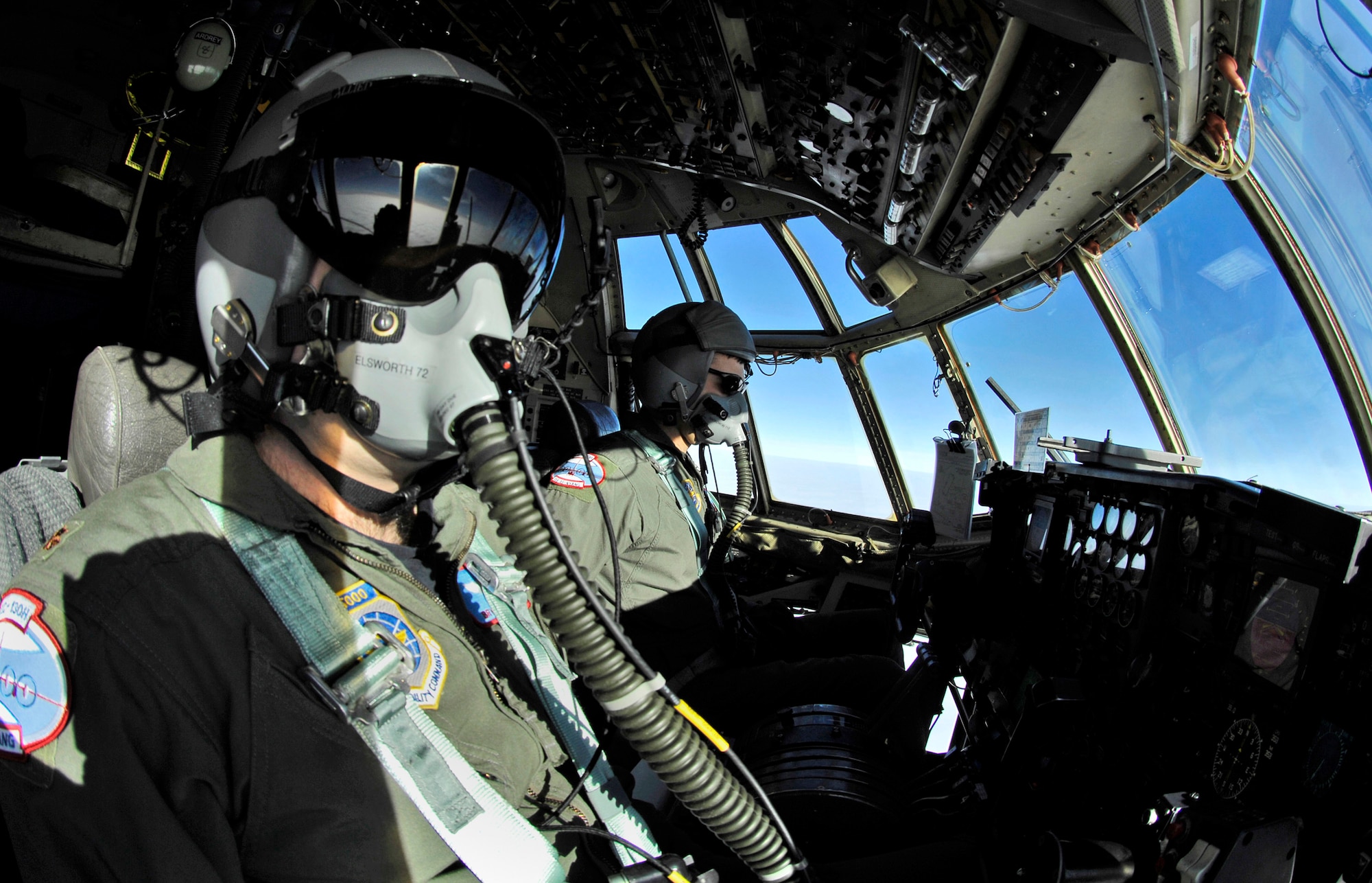Maj. Bryan Elsworth and Capt. Erik Srokowski approach the South Pole, Antarctica, Nov. 26 in their LC-130 Hercules during Operation Deep Freeze. Ski-equipped LC-130s, crews and support personnel from the New York Air National Guard's 109th Airlift Wing are supporting the 13th Air Force-led Joint Task Force Support Forces Antarctica, Operation Deep Freeze. Operation Deep Freeze is a unique joint and total-force mission that has supported the National Science Foundation and U.S. Antarctic Program that began in 1955. (U.S. Air Force photo/Tech. Sgt. Shane A. Cuomo)