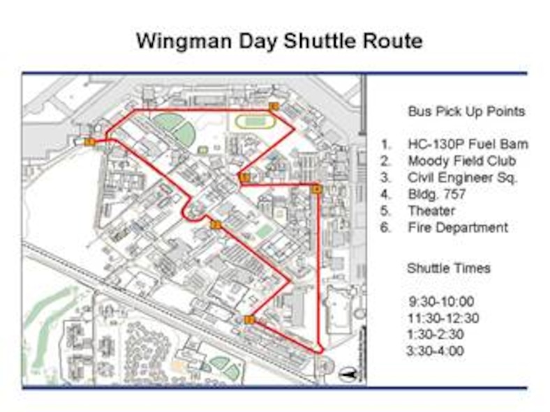 A shuttle bus will be stopping at the following times and locations for all members of Team Moody in order to attend mandatory Wingman Day briefings Dec 7. 