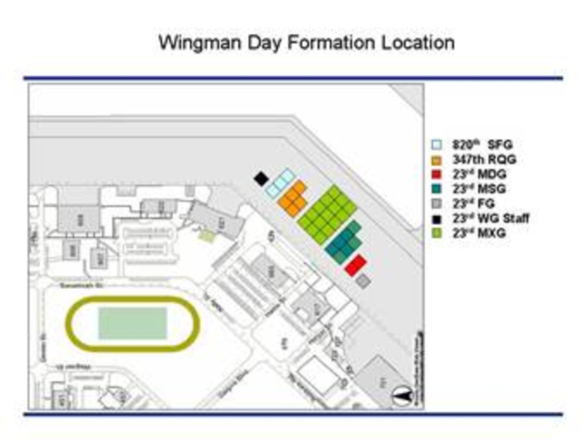 Members of the 23rd Wing will line up according to the diagram for the mandatory five-kilometer flightline run at 7 a.m. Dec 7. 