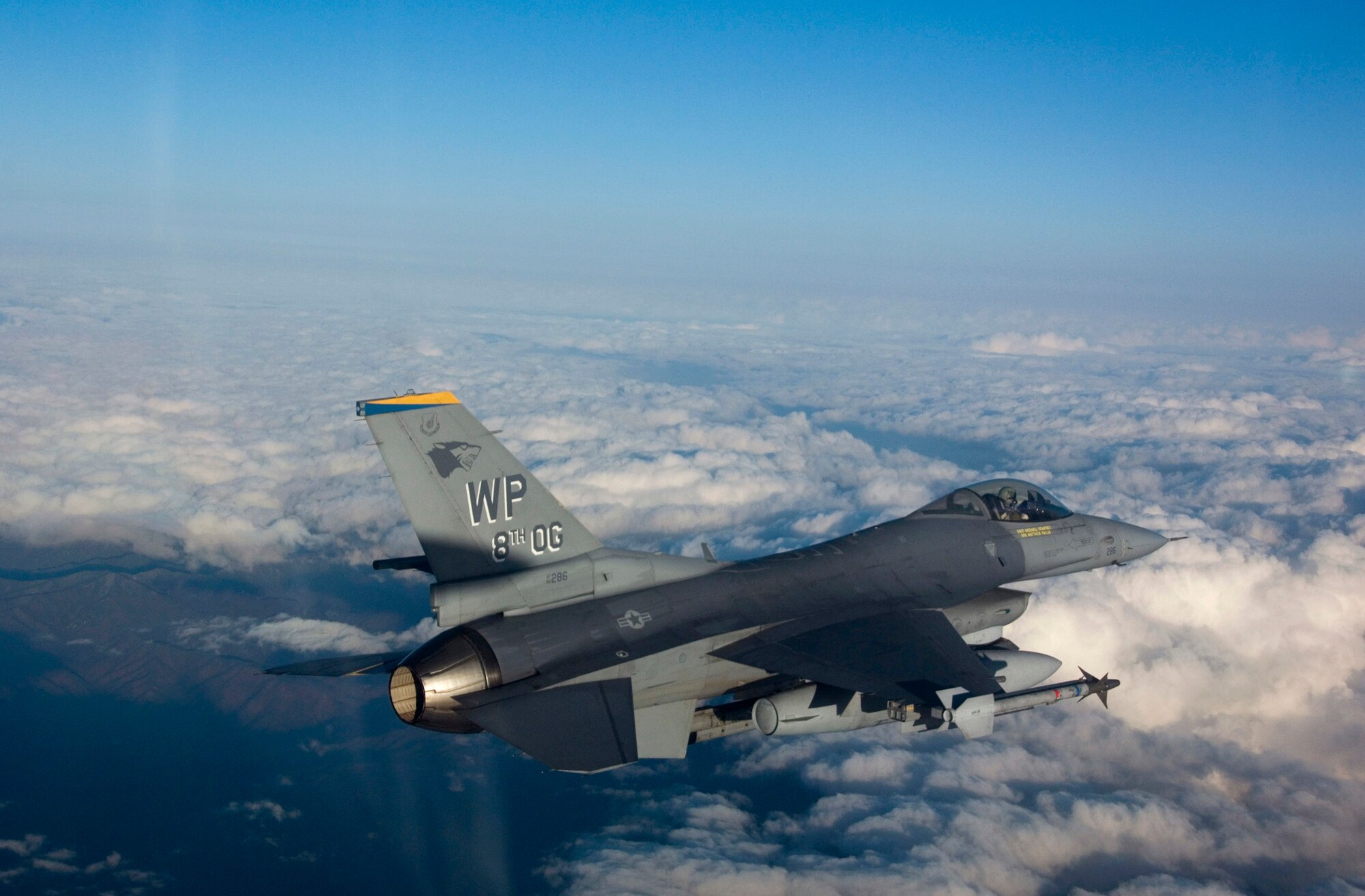 KUNSAN AIR BASE, South Korea-- Capt. Joshua King, a pilot assigned to the 80th Fighter Squadron, flies his F-16 Fighting Falcon back to base after completing a close-air-support training mission Nov. 29, 2007.  Pilots utilize training missions to simulate actual conditions they may face in combat and keep their war-fighting skills honed.  (U.S. Air Force Photo/Master Sgt Jack Braden)