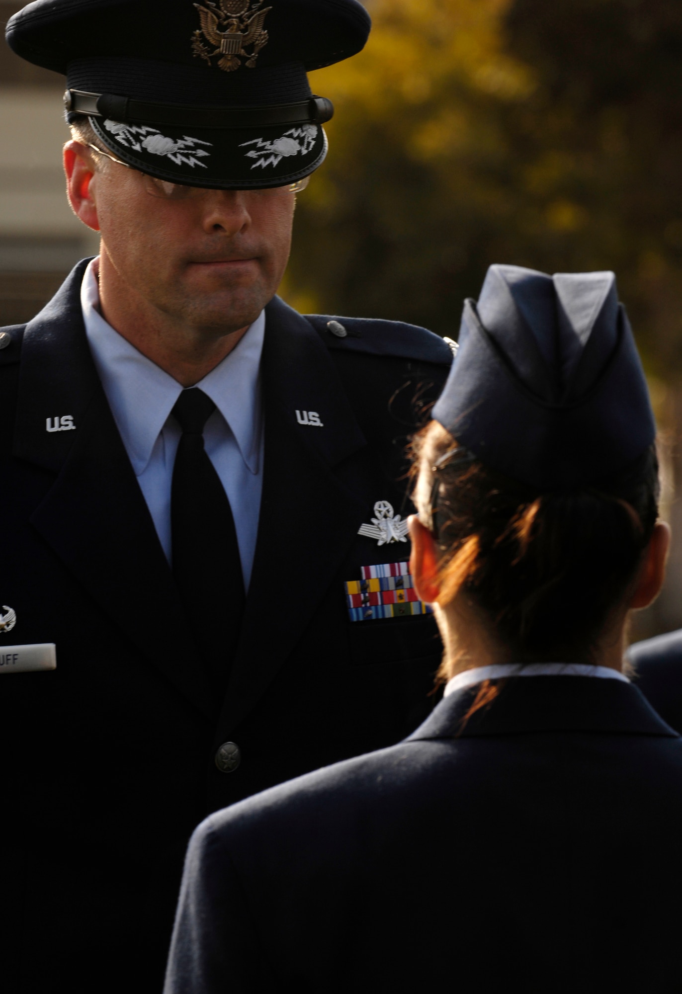 VANDENBERG AIR FORCE BASE, Calif. -- Col. Benjamin Huff, 30th Mission Support Group Commander, conducts an open ranks inspection prior to a retreat ceremony on Oct. 25. 30th Mission Support Group Airmen supported the time honored open ranks inspection. Air Force Instruction 36-2903 directs the wear of uniforms, insignias, awards and decorations. Airmen of all ranks are required to have all uniform items ready to wear at any time. (U.S. Air Force photo/Airman 1st Class Christian Thomas) 
