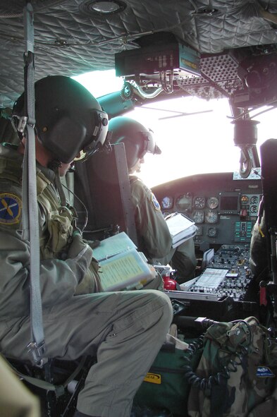 Capt. Graydon Muller, 40th Helicopter Squadron pilot, and Staff Sgt. Michael Frances, 40th HS flight engineer, go over checklists during a training sortie Nov. 19. (U.S. Air Force photo/Senior Airman Eydie Sakura).