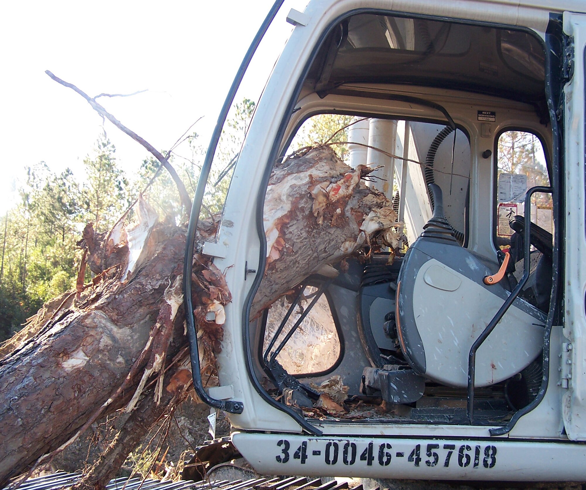 This shows where the tree impacted the excavator and trapped Tom by his leg.  Sergeant Carlton was able to get help for Tom in time and made sure he wouldn’t sustain any more injuries.