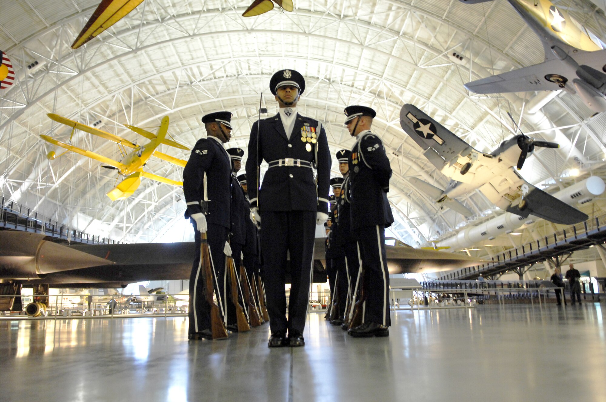 The U.S. Air Force Honor Guard Drill Team performs at the Udvar-Hazy Air & Space Museum in Chantilly, Va., Dec. 2. This was the second of five performances the team will be performing during its Winter Drill Series designed to promote and increase Air Force awareness. For more information about the series, logon to http://www.drillteam.af.mil. (U.S. Air Force photo by Airman 1st Class Alexandre Montes)