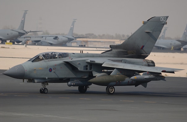 A Royal Air Force Tornado GR4 taxis in preparation for takeoff at a Southwest Asia air base. The Tornado is with the RAF Detachment at the base. (Photo by Staff Sgt. Douglas Olsen)