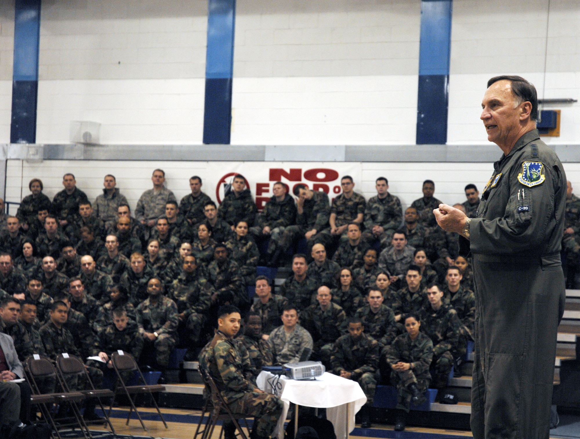 Gen. William T. Hobbins, U.S. Air Forces in Europe commander, speaks to Liberty Warriors during an Airmen's call at RAF Lakenheath, England Dec. 3. During the Airmen's call, the general discussed USAFE and 48th Fighter Wing accomplishments and thanked Airmen for their service. (U.S. Air Force photo by Airman 1st Class Erika Brooke) 