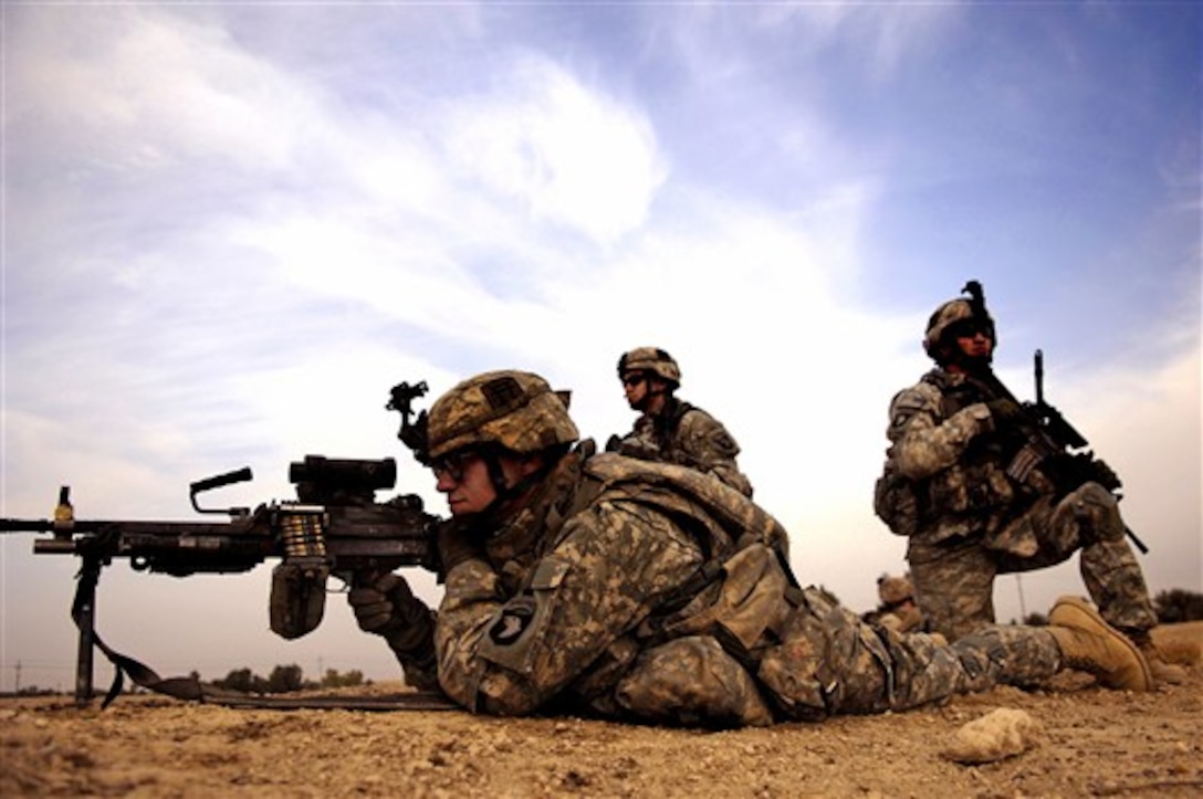 U.S. Army soldiers from the 101st Airborne Division, 187th Infantry Regiment, secure their sector during a patrol through Al Betra, Iraq, Nov. 16, 2007.