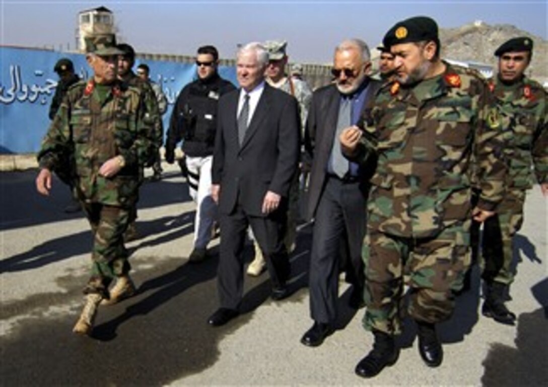 Defense Secretary Robert M. Gates tours the Kabul Military Training Center near Kabul, Afghanistan, Dec. 4, 2007.  