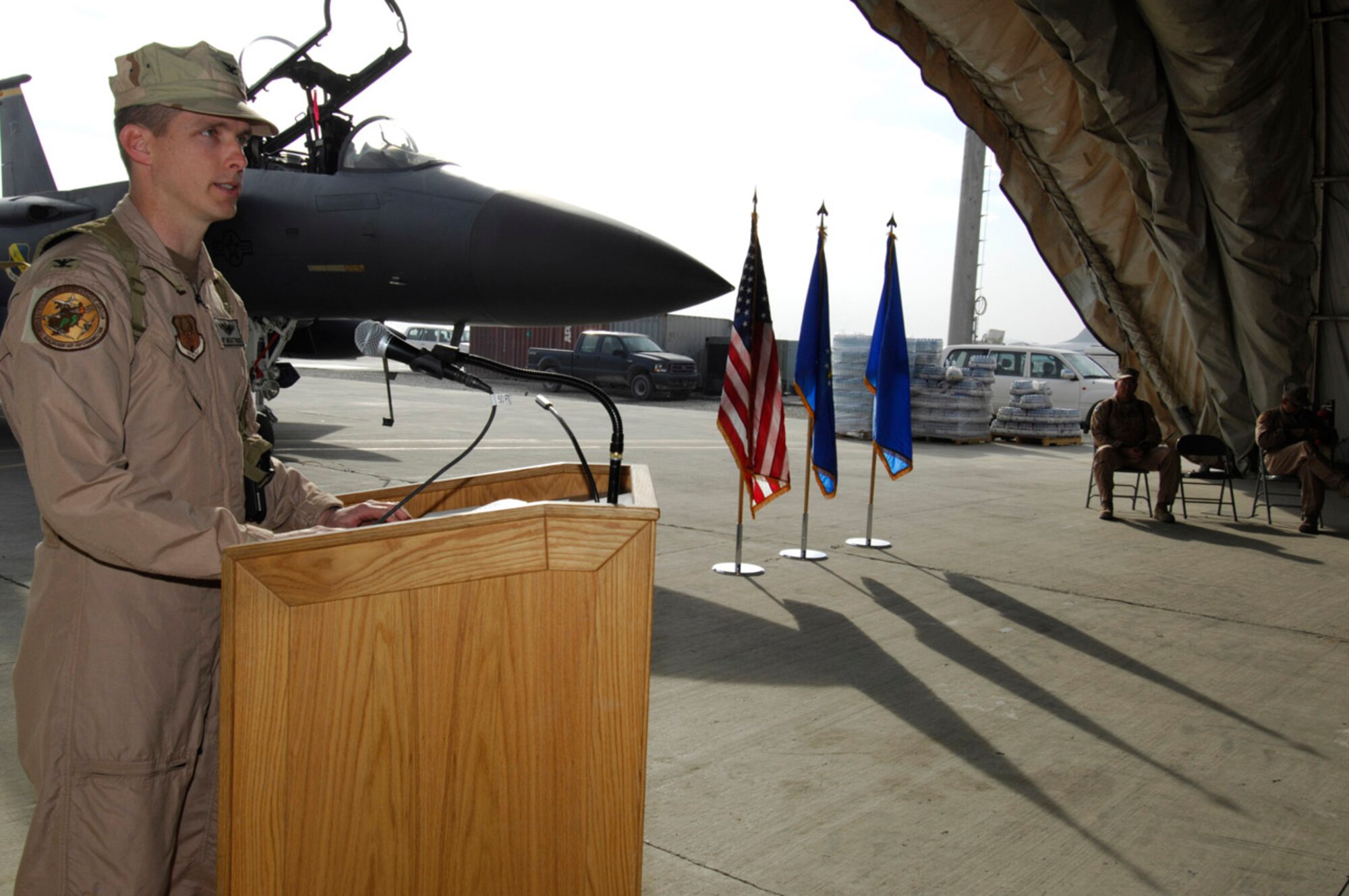 BAGRAM AIR BASE, Afghanistan - Col. Arthur McGettrick addresses members of the 455th Expeditionary Operations Group after assuming command here, Dec. 5, 2007. 
(U.S. Air Force photo by Staff Sgt. Joshua Jasper)

