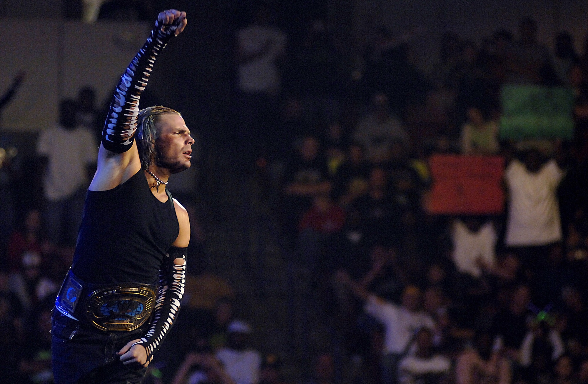 Jeff Hardy, a performer with World Wrestling Entertainment, Inc., performed at the North Charleston Coliseum Monday before boarding a Charleston C-17 to Ramstein Air Base, Germany, and on to Iraq. This is the fifth year World Wrestling Entertainment, Inc., and Armed Forces Entertainment have teamed together to bring entertainers overseas to visit military service members. (U.S. Air Force photo/Senior Airman Nicholas Pilch)