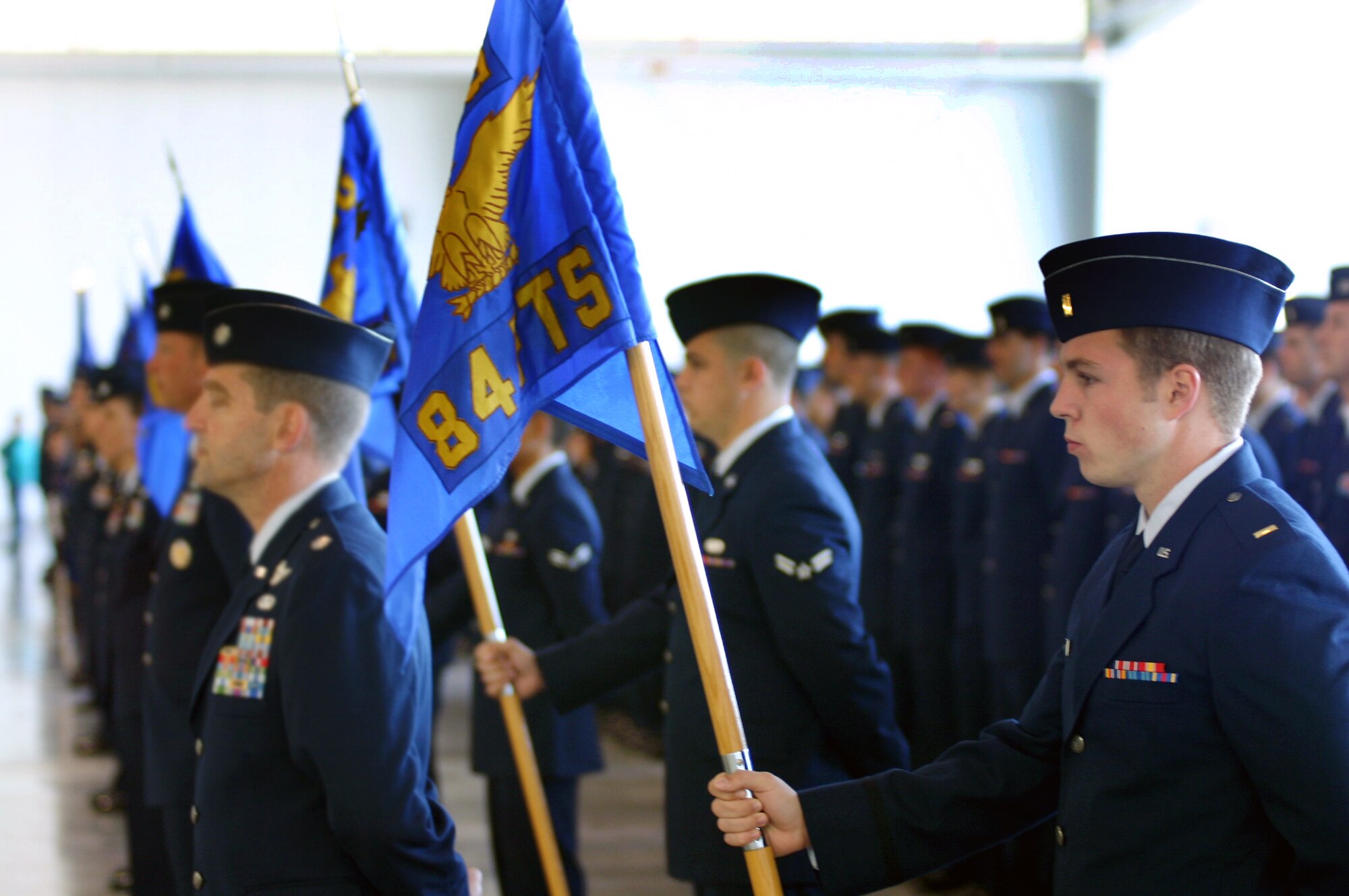 Team XL stands at ease and ready for the commencement of the 47th Flying Training Wing change of-command ceremony Tuesday. During the ceremony, Col. John Doucette assumed command of the wing from Col. Mike Minahan. (U.S. Air Force photo/ Senior Airman Olufemi Owolabi) 
