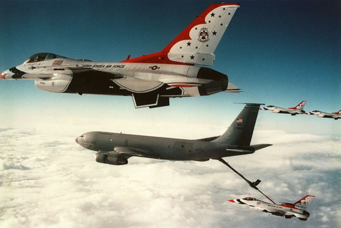 Refueling a Thunderbird F-16 in mid air.