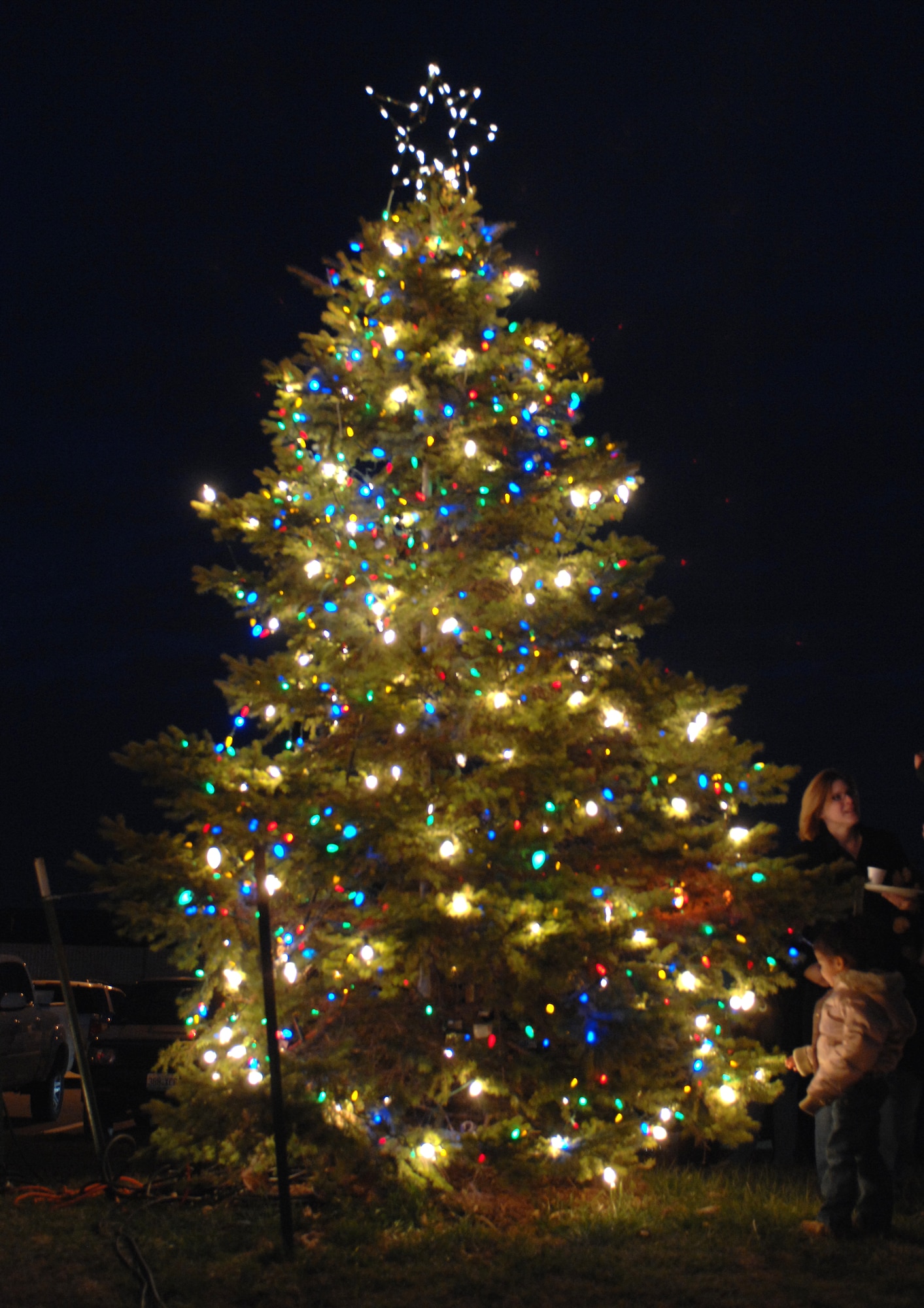 WHITEMAN AIR FORCE BASE, Mo.— The base Christmas tree was lit during the annual Christmas tree lighting ceremony Dec. 4. The Christmas tree stands proudly outside Mission's End.  (U.S. Air Force photo/Airman 1st Class Stephanie Clark) 