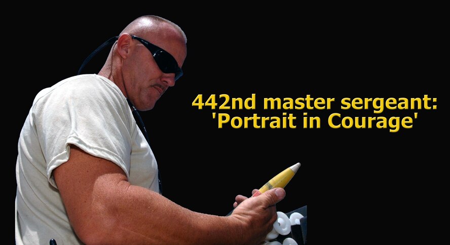Master Sgt. Bob Jackson, 442nd Maintenance Squadron, Whiteman Air Force Base, Mo., is one of 13 Airmen featured in the second edition of the chief of staff's "Portraits in Courage." Gen. T. Michael Moseley said that Airmen chosen for this edition represent a small sampling of the tens of thousands of currently deployed Airmen who courageously fulfill their missions day after day in harm's way. Sergeant Jackson was honored for disposing of a smoke-emitting white-phosphorus mortar round, which was part of a captured Iraqi weapons stockpile he and other Airmen were disposing of following the invasion of Iraq in 2003. The Air Force reservist is credited with saving the lives of his teammates and others, as he ran to a nearby pond to douse the still-smoking 120mm round with his hands before it could ignite and cause the other 300,000 pieces of stockpiled munitions around it to detonate as well. Sergeant Jackson received the Airman's Medal for his act of bravery. To view the Air Force's Portraits in Courage, visit the link on the Air Force Web site at http://www.af.mil/news/story.asp?id=123075075. (U.S. Air Force Photo Illustration/Maj. David Kurle)