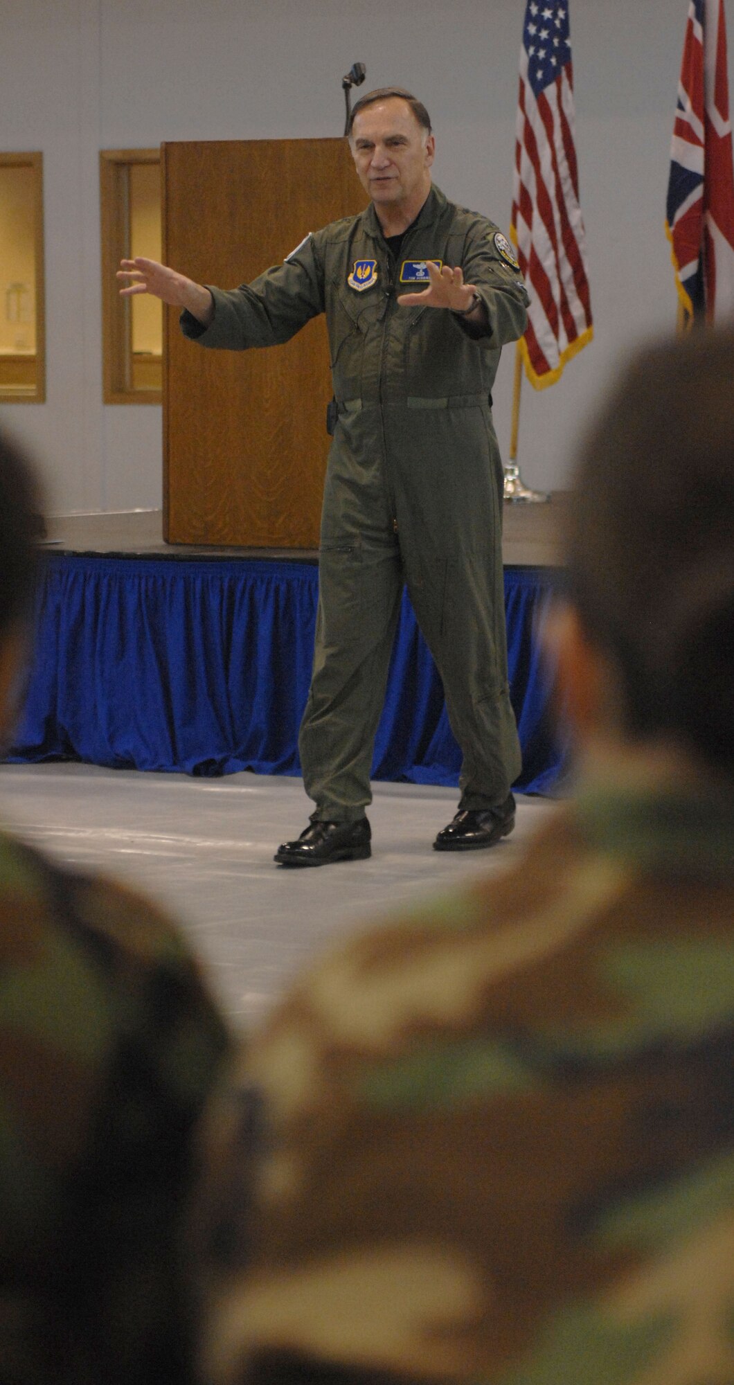 Gen. William T Hobbins, U.S. Air Forces in Europe commander, gives his last speech to RAF Mildenhall Airmen Dec. 3, 2007, at the Hardstand Fitness and Wellness Center. General Hobbins is retiring as the commander of USAFE and leaves behind 38 years of powerful support and dedication to air power and the Air Force. (U.S Air Force photo by Airman 1st Class Brad Smith)