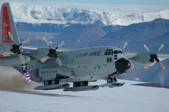 McMURDO STATION, Antarctica – Air National Guard aircrew members utilize a jet-assisted takeoff  to depart Shackleton Glacier, located in the Transantarctic Mountains 500 miles south of McMurdo Station, Antarctica, Nov 26.  The aircrew conducted an open field landing to deliver a small National Science Foundation geology field camp team to the area.  Assigned to the 109th Airlift Wing, Scotia, N.Y., the aircrews are flying the Antarctica missions in support of Operation Deep Freeze. (Photo courtesy of Mr. Charles Kaminski/Raytheon Polar Services Company)